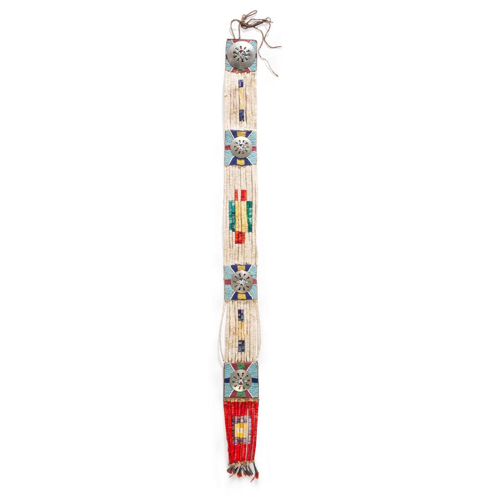 Apsaalooke [Crow] Quilled and Beaded Hair Ornament,: Apsaalooke [Crow] Quilled and Beaded Hair Ornament, From the Stanley B. Slocum Collection, Minnesota four squares of hide sinew-sewn and beaded using colors of light blue, pink, blue, and greasy yello