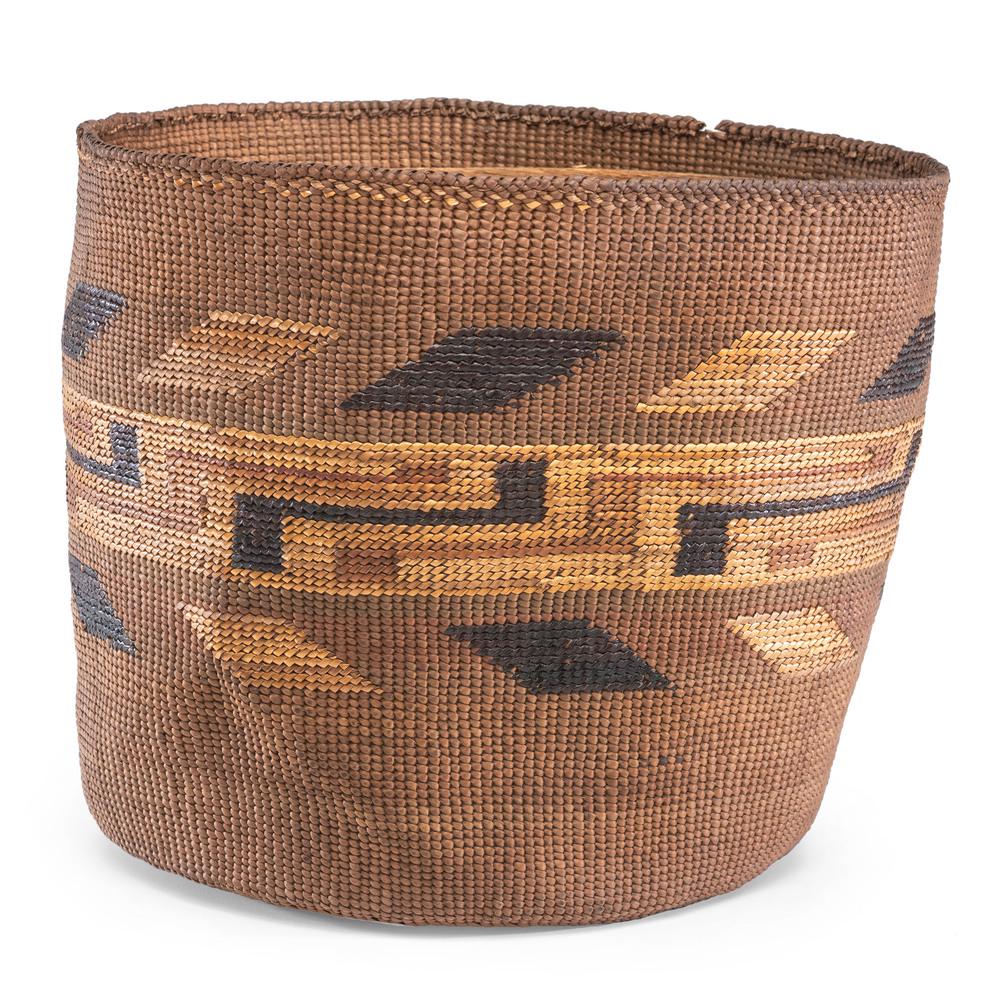 Tlingit Polychrome Basket, From an Estate in Sinking: Tlingit Polychrome Basket, From an Estate in Sinking Springs, Ohio finely woven with central band with trapezoidal shapes lining both edges; height 7.5 in. x diameter 8.75 in. late 19th century Prov