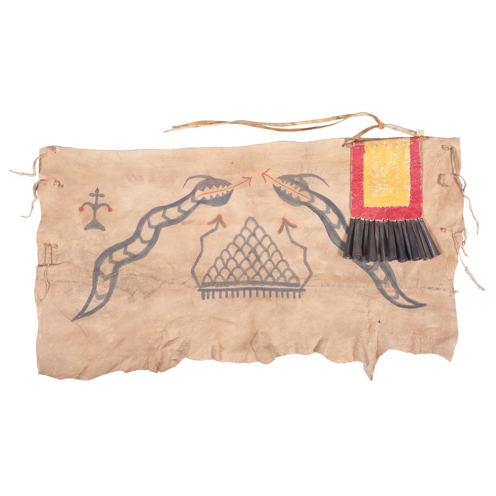 San Felipe Child's Painted Hide Dance Kilt, with Bag: San Felipe Child's Painted Hide Dance Kilt, with Bag painted with two figures of Avanyu, corn, and central raincloud; hide thong laces, length 19 x 35 in.; AND a red and yellow false bag with large ti