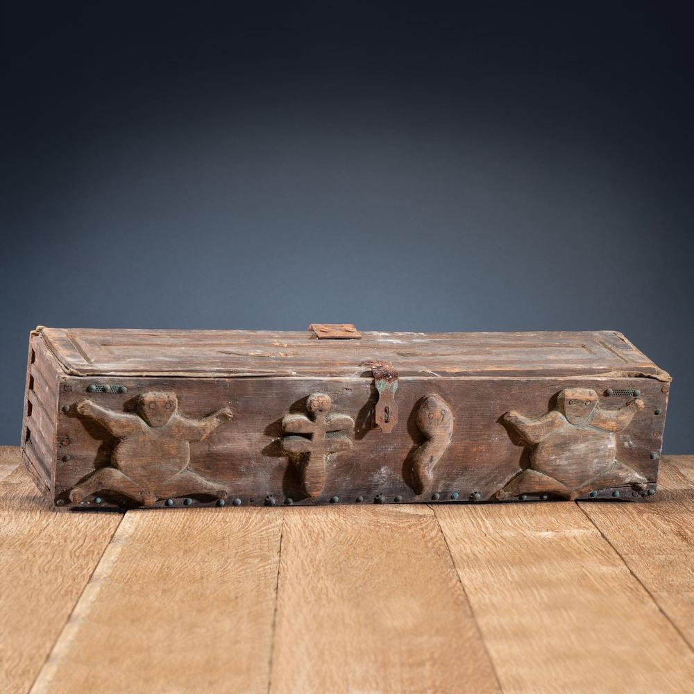 Pueblo Carved Wood Box, From an Estate in Sinking: Pueblo Carved Wood Box, From an Estate in Sinking Springs, Ohio rectangular box with frogs, dragonflies, and snakes carved in relief; interior of lid with pencil drawing of a buffalo; remnants of pa