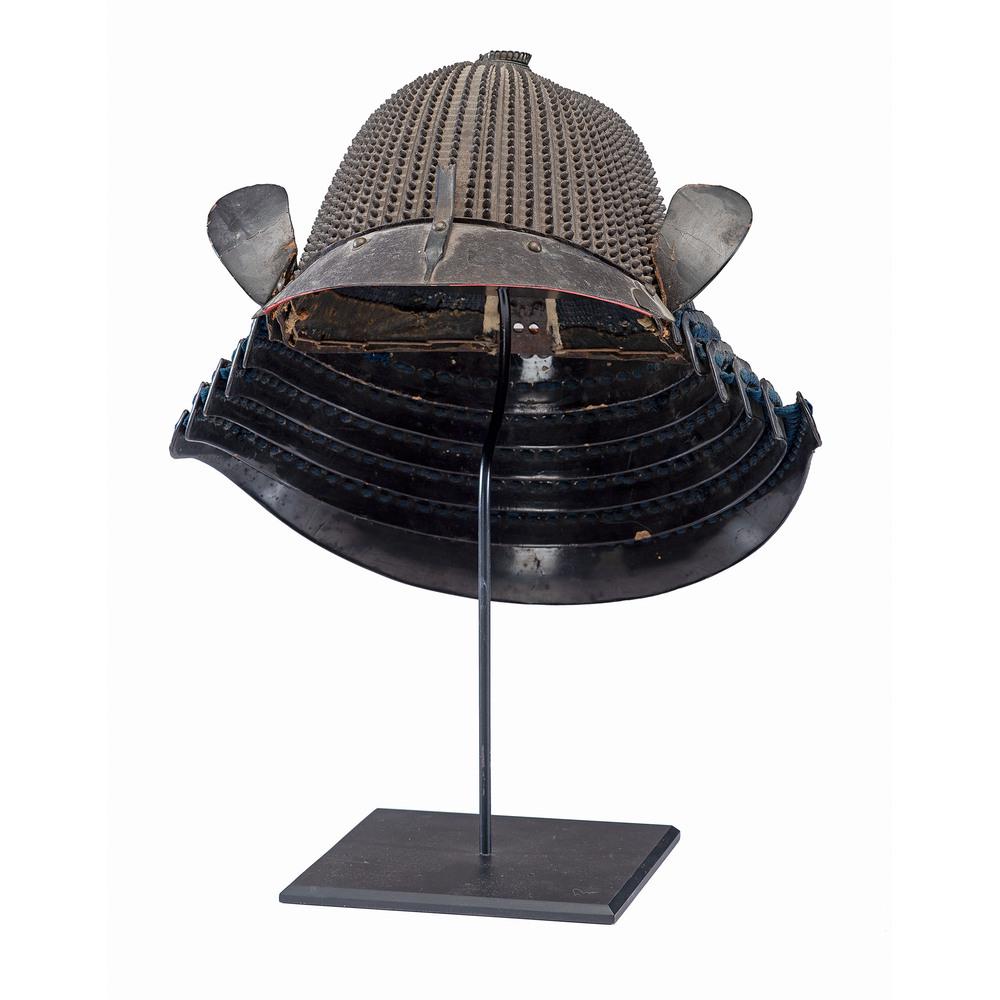 Good Saotome-Style 62 Plate Japanese Samurai Helmet: Classic Saotome form with thousands of individual rivets decorating its 62 steel plates. This lovely helmet is untouched throughout with six-lame shikoro (semi detached). Fine mabizashi. Interior 