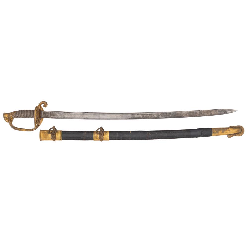Scarce Ames Model 1852 Naval Officers Sword: 29" single-edged blade with 20" median fuller. Brass single-branch guard with shagreen grip. Leather scabbard with brass throat and chape. Blade etched throughout with naval themes and American eagle,