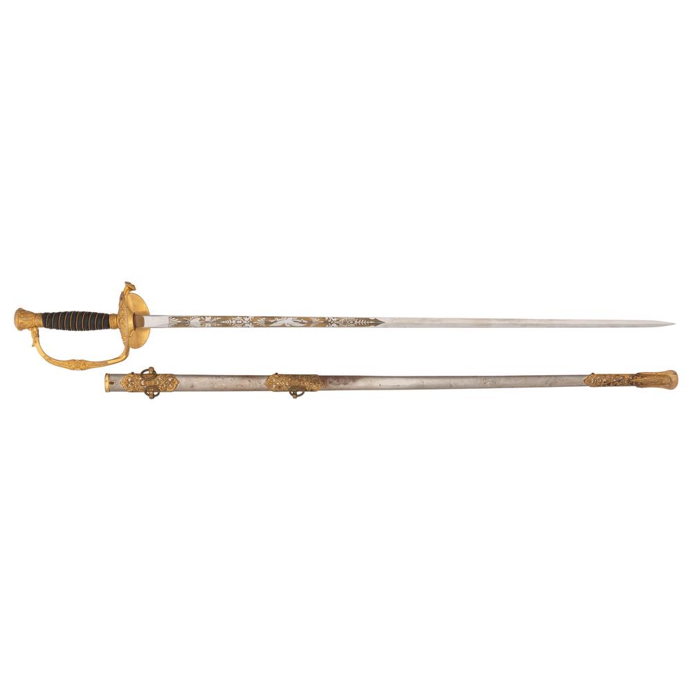 A.J. Plate Model 1872 Field and Staff Officer's Sword: 29" spearpoint blade, .5" wide at ricasso. Single-branch hilt with folding clamshell guard and wire-wrapped shagreen grip. Blade etched with patriotic themes, panoplies of arms, and "U.S.," with gol