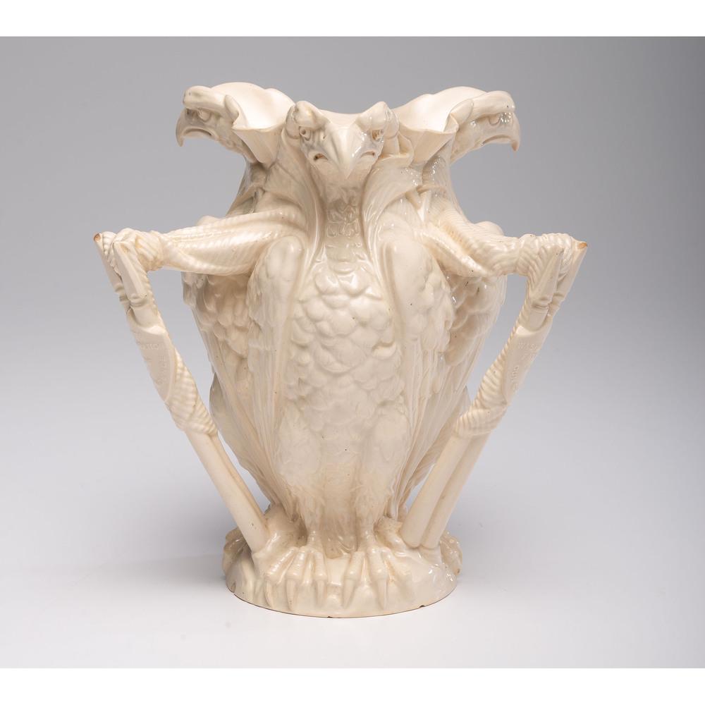A Centennial Memorial Porcelain Vase by W.T. Copeland &: A Centennial Memorial Porcelain Vase by W.T. Copeland & Sons Circa 1876 retailed by J.M. Shaw & Co. of New York for the Philadelphia Exposition of 1876, in the molded form of three eagles, each flanke