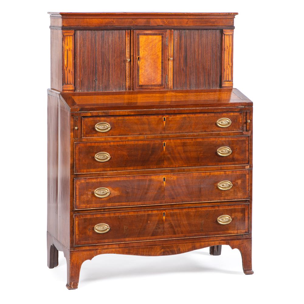 A Massachusetts Federal Inlaid and Figured Mahogany: A Massachusetts Federal Inlaid and Figured Mahogany Lady's Tambour Writing Desk Circa 1810 Height 53 x width 38 x depth 18 1/2 inches. Provenance: Property from the Collection of Michael and Janice Do
