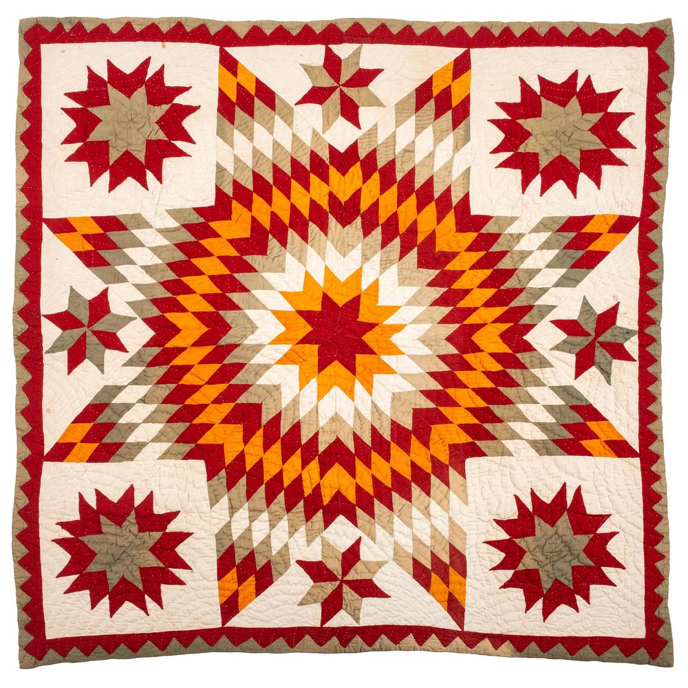 An Unusual Four-Color Bethlehem Star Crib Quilt: Circa 1880-1900 in deep turkey red, rich cheddar and fugitive green on a cream-white ground. with star-burst corner blocks, floating Lemoyne stars, and sawtooth border. 50 x 49 inches.