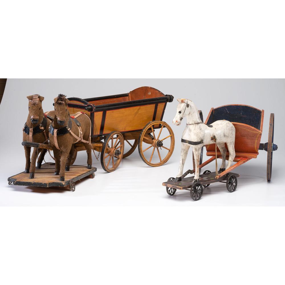 Two Painted Horse and Wagon Pull Toys: 19th Century Length of longer 27 inches. Provenance: Property from the Estate of Joan Conway Crancer, St. Louis, Missouri