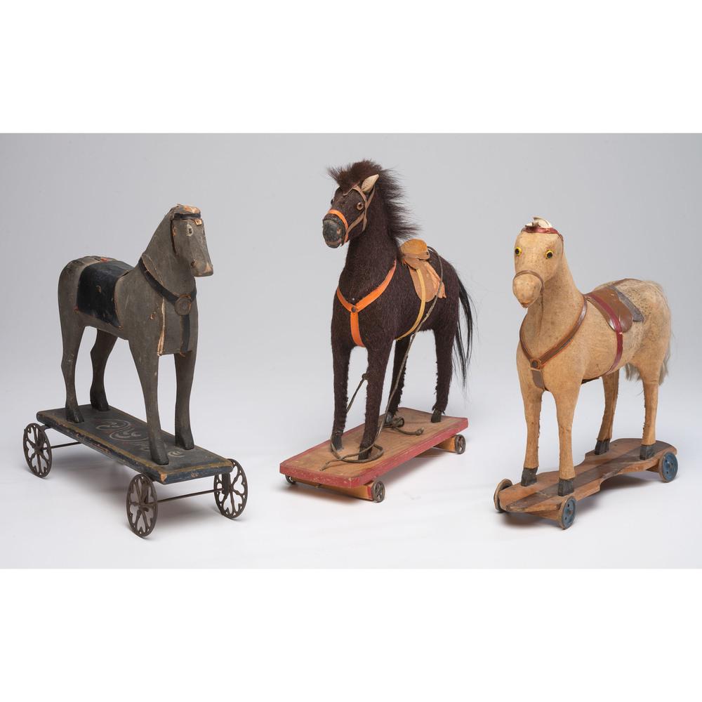 Three Horse Pull Toys: 19th Century in various materials. Height of tallest 14 1/4 x length 11 5/8 inches. Provenance: Property from the Estate of Joan Conway Crancer, St. Louis, Missouri