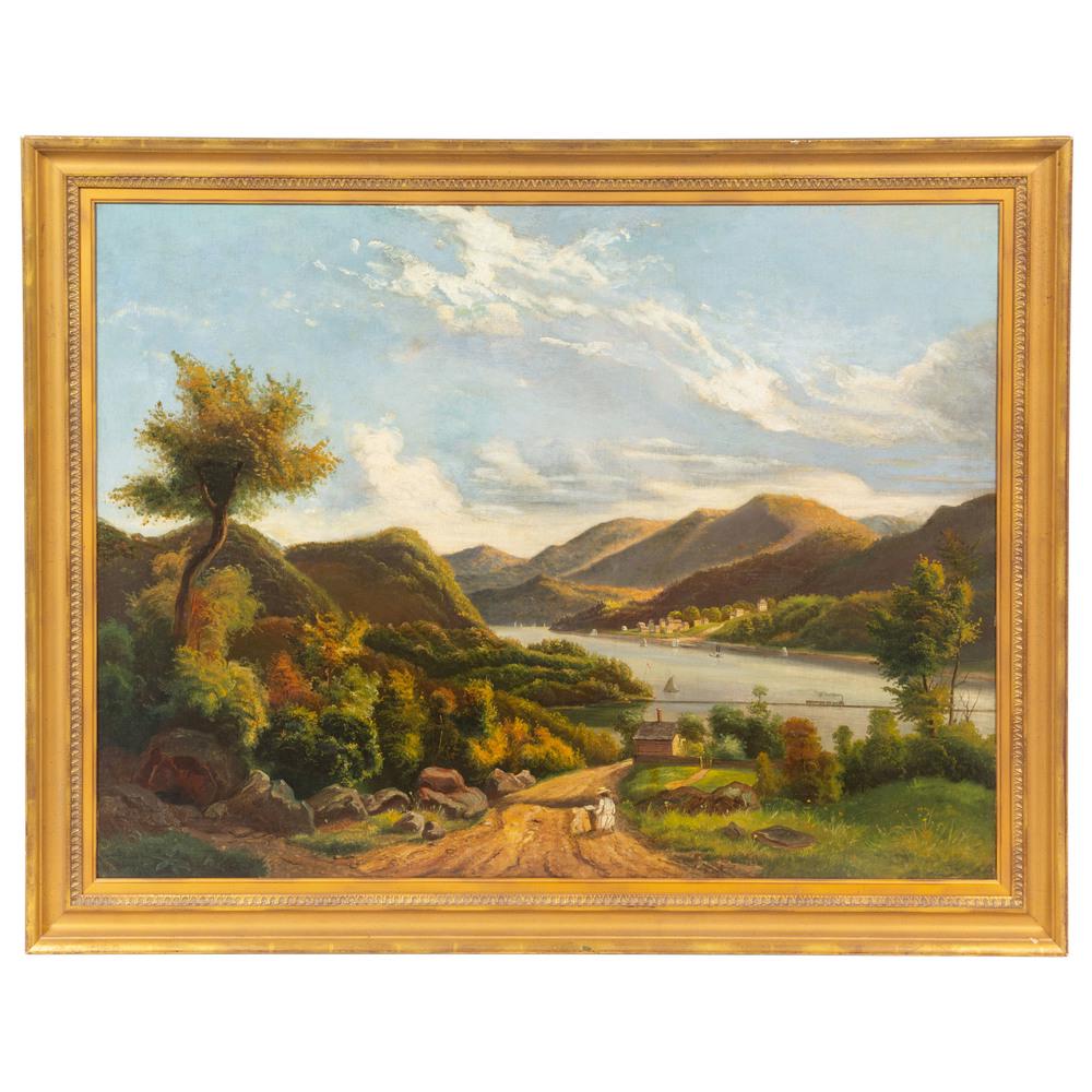 Attributed to Samuel Lancaster Gerry (1813-1891): View of the Hudson River Valley, mid-19th century oil on canvas. Sight: 34 x 45 inches. Provenance: Property from the Collection of Michael and Janice Doniger, Chicago, Illinois Auslew Gallery, Nor