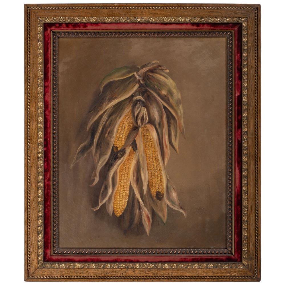 An American Corn Still Life in the Manner of Alfred: An American Corn Still Life in the Manner of Alfred Montgomery 20th Century oil on canvas. Sight: 26 3/4 x 21 1/2 inches.