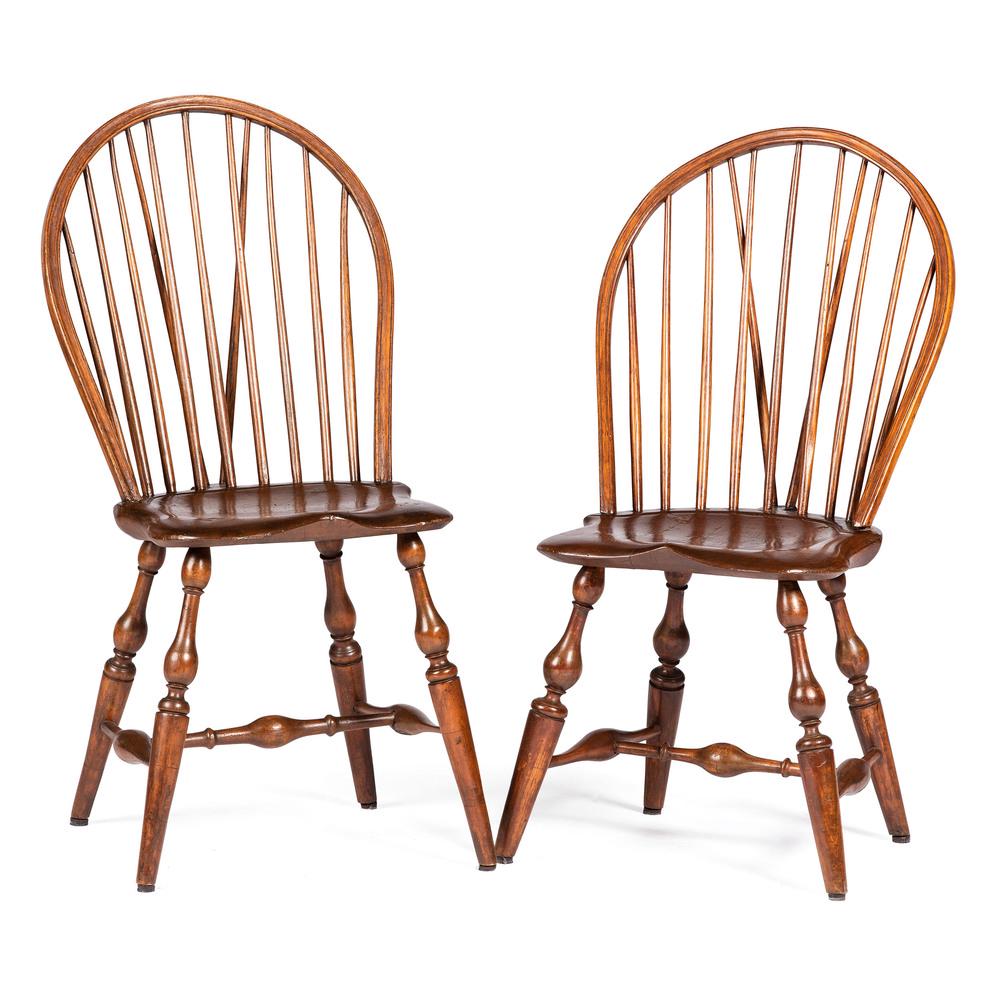 Two Mixed Wood Brace Back Windsor Chairs: 18th Century Height of larger 37 x width 16 x depth 20 inches.