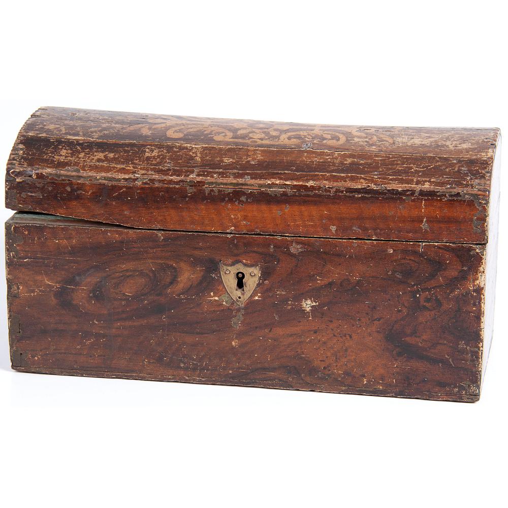 A Painted Decorated Dome Top Document Box: American, 19th Century with painted interior. Height 7 3/4 x width 14 1/2 x depth 6 3/4 inches. Provenance: Property from the Collection of Judith & Gary Gay, Morrow, Ohio