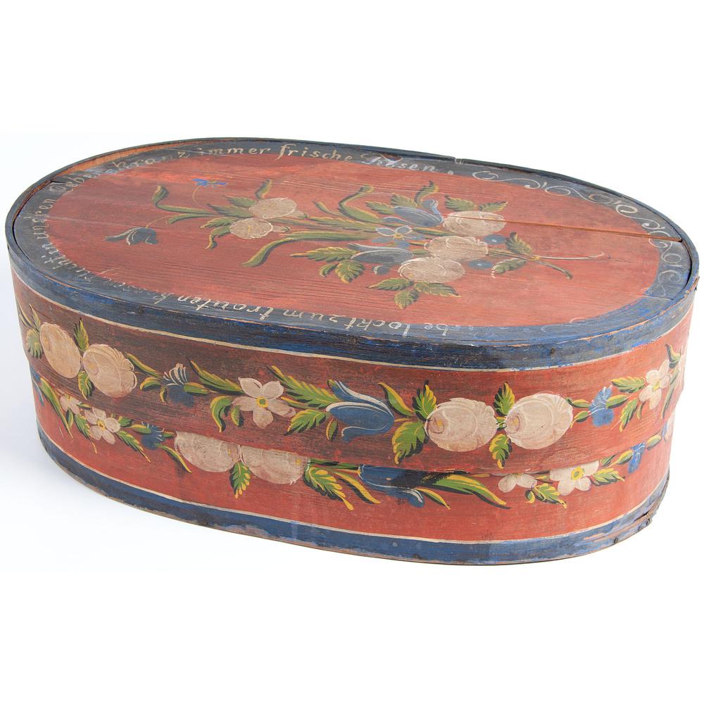 A Painted Bentwood Bride's Box: 19th Century with German poem on lid. Height 7 x width 19 1/2 x depth 11 7/8 inches. Provenance: Property from the Collection of Judith & Gary Gay, Morrow, Ohio