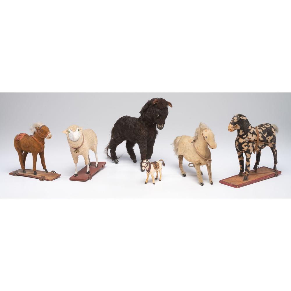 Six Animal Toys: 19th Century in various materials, including three pull toys and one wind-up. Height of largest 9 inches. Provenance: Property from the Estate of Joan Conway Crancer, St. Louis, Missouri