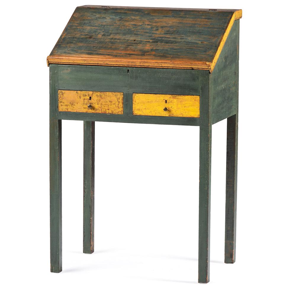 A Painted Two Drawer Pine School Masters Desk: Likely Canadian, 19th Century Height 40 x width 25 1/2 x depth 17 inches. Provenance: Property from the Collection of Judith & Gary Gay, Morrow, Ohio Purchased from the Kettering-Moraine Museum, Dayto