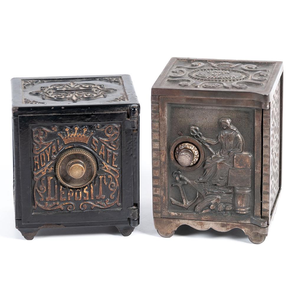 Two Cast Iron Miniature Safe Banks: American, 20th Century including a Royal Safe Deposit box and a Bank of Commerce box. Height of larger 6 3/4 x width 5 x depth 4 3/4 inches.