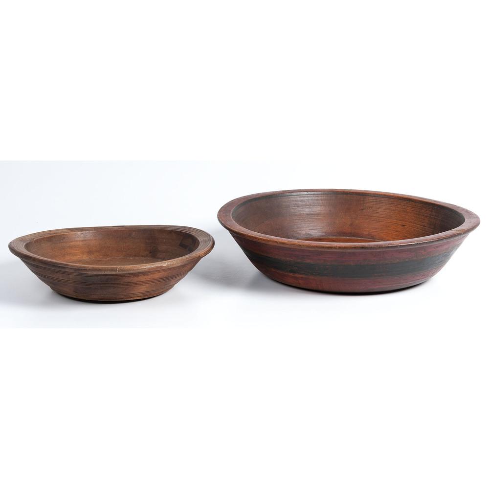 Two Turned Wood Bowls: American, 19th Century one with blue and red paint. Height of largest 4 x diameter 17 inches. Provenance: Property from the Collection of Judith & Gary Gay, Morrow, Ohio
