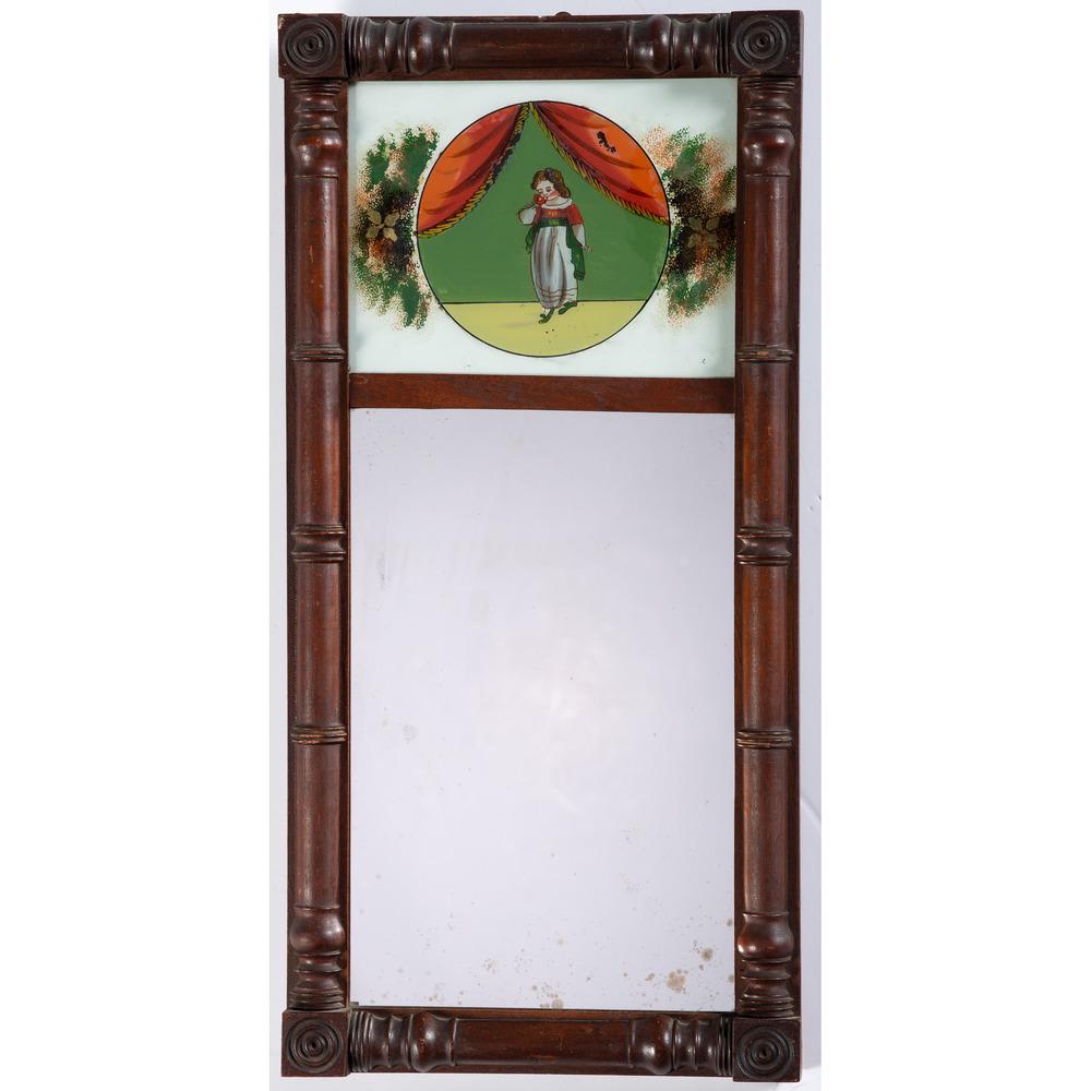 A Federal Mahogany Eglomise Mirror: 19th Century with reverse painted panel of child. Height 24 x width 11 1/2 inches. Provenance: Property from the Collection of Judith & Gary Gay, Morrow, Ohio