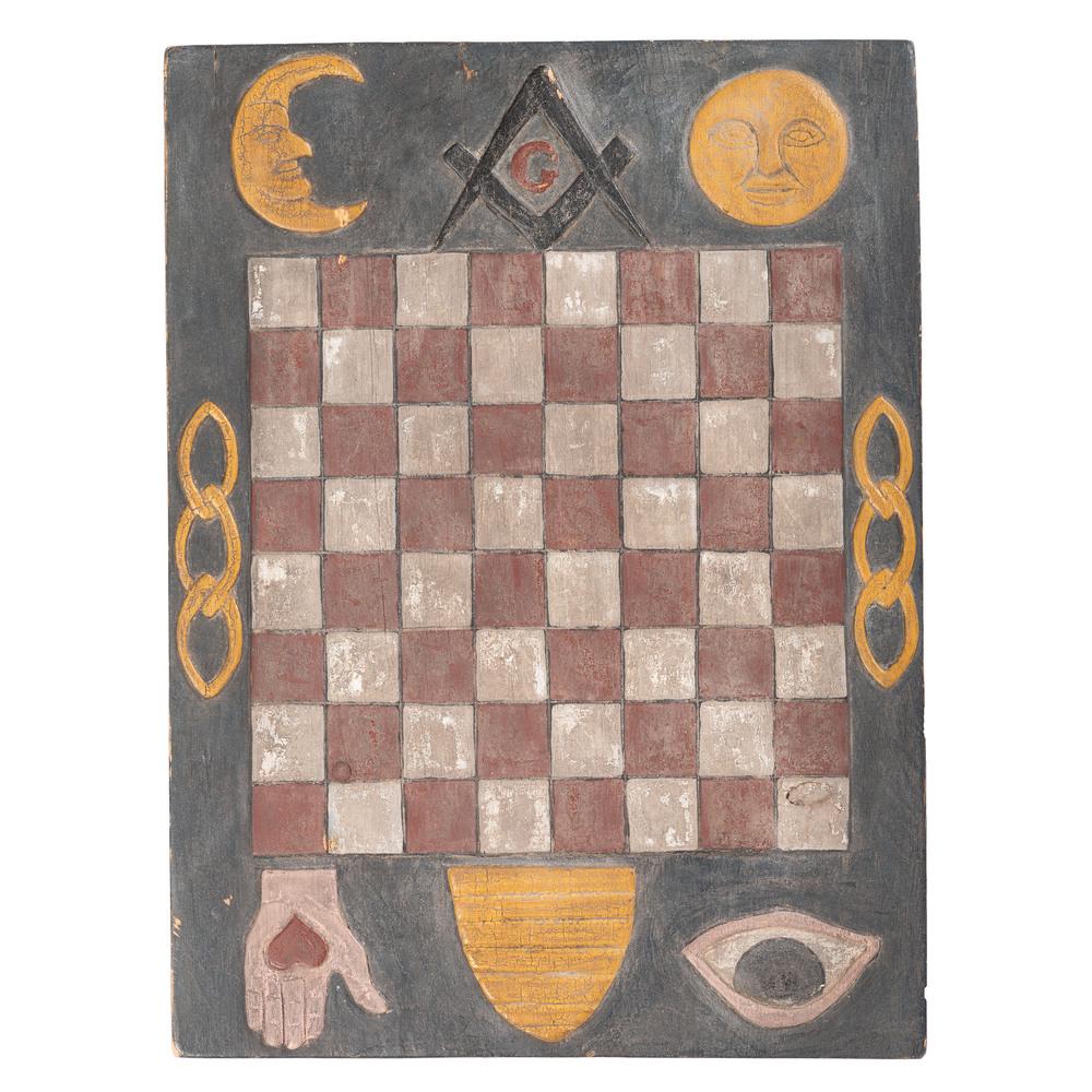 A Painted Wood Game Board with Fraternal Decoration: 20th Century Length 20 1/2 x width 15 inches. Provenance: Property of the Estate of Jack Batdorff, Traverse City, Michigan