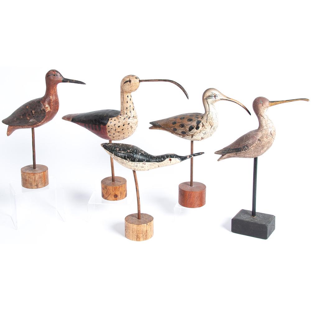 Five Carved Decorative Shorebirds: American, 20th Century signed C.B. Length of largest 18 inches. Provenance: Property from the Collection of Judith & Gary Gay, Morrow, Ohio