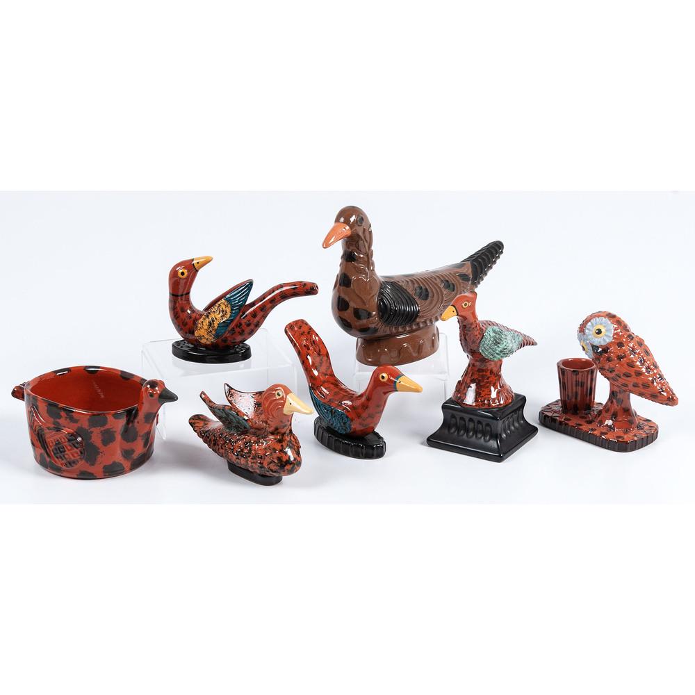 A Group of Glazed and Molded Redware Bird Figures and: A Group of Glazed and Molded Redware Bird Figures and Bowl by James Seagreaves (American, 1913-1997) 20th Century seven total, each initialed JCS. Height of bowl 3 3/4 x length 8 inches. Provenance: P