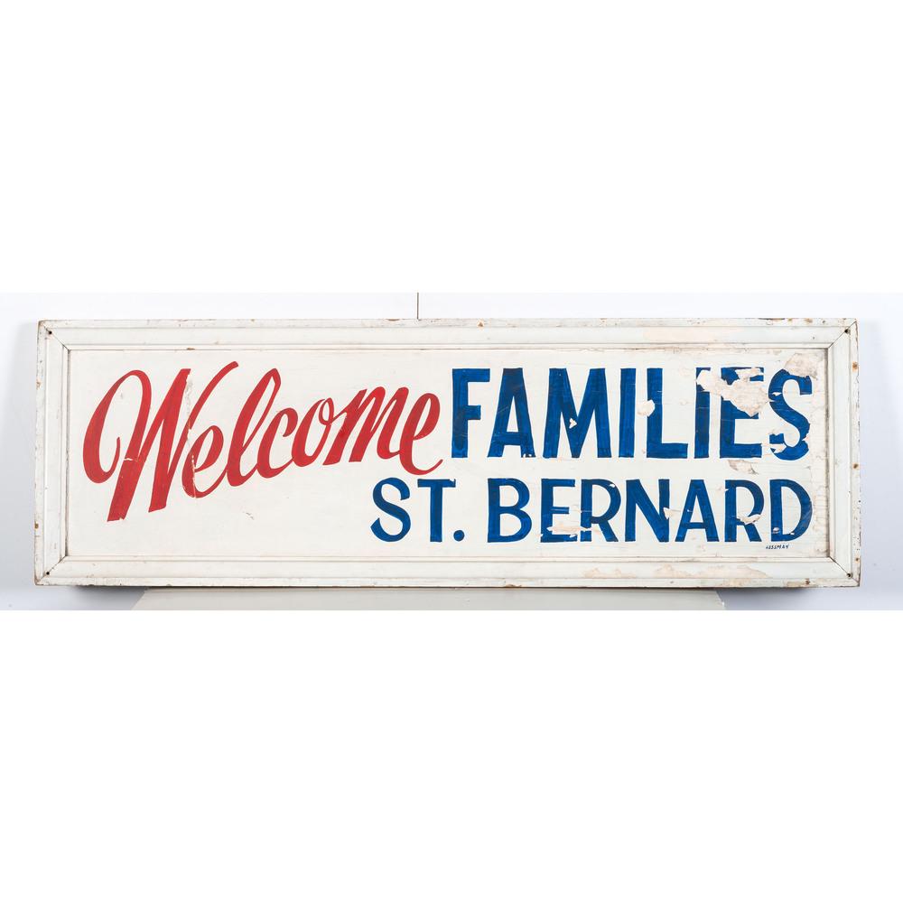 A Painted Wood St. Bernard 'Welcome' Sign: 20th Century signed Hassman lower right. Height 16 x width 49 1/8 inches.