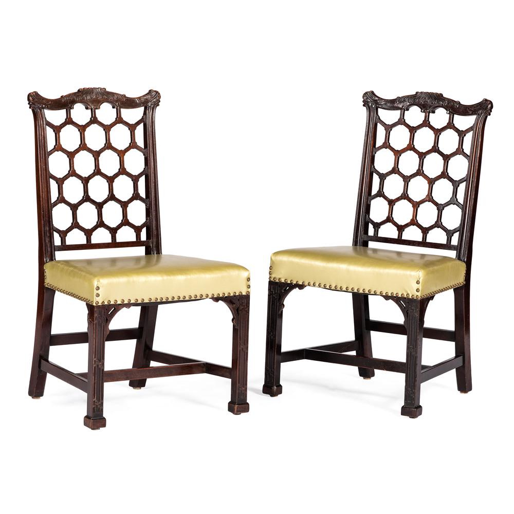 A Pair of Chinese Chippendale Style Mahogany Side: A Pair of Chinese Chippendale Style Mahogany Side Chairs 19th Century Height 38 x width 22 x depth 18 inches.