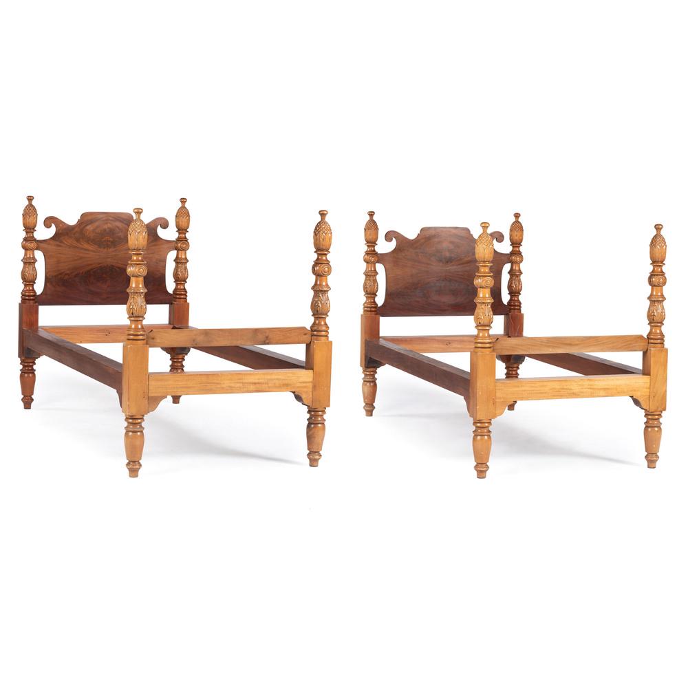 A Pair of Colonial British Honduran Mahogany Twin Beds: 20th Century Height 51 x width 42 x depth 81 inches. Provenance: From the Collection of Isabel McHenry Clay, The Larches, Paris Kentucky