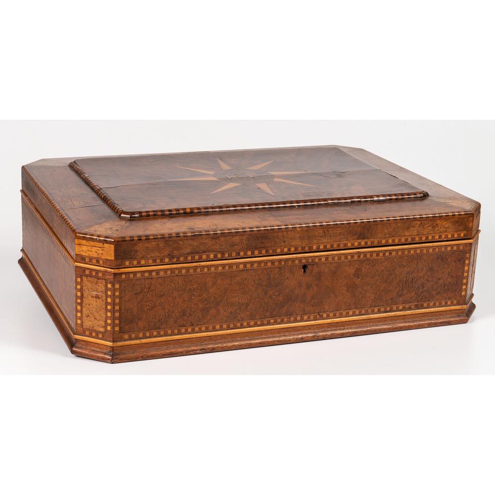 A Large Inlaid & Burlwood Sewing Box: 19th Century with star inlay and initials HF on lid. Height 6 3/4 x width 24 x depth 18 inches.