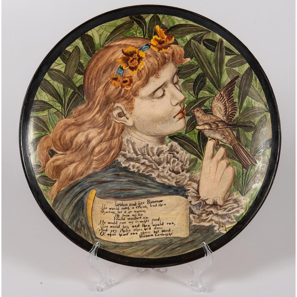 A D. Cottier & Co. Pre-Raphaelite Faience Charger: English, Late 19th Century with painted and impressed marks to back. Diameter 15 3/8 inches.