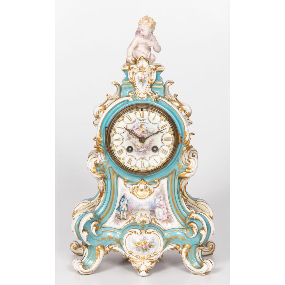 A Sèvres Mantel Clock in the Louis XVI Taste: 19th Century underglaze blue mark under base. dial marked R. R. Bolling & Co. / Louisville. Height 15 1/2 inches. Provenance: From the Collection of Isabel McHenry Clay, The Larches, Paris Kentucky