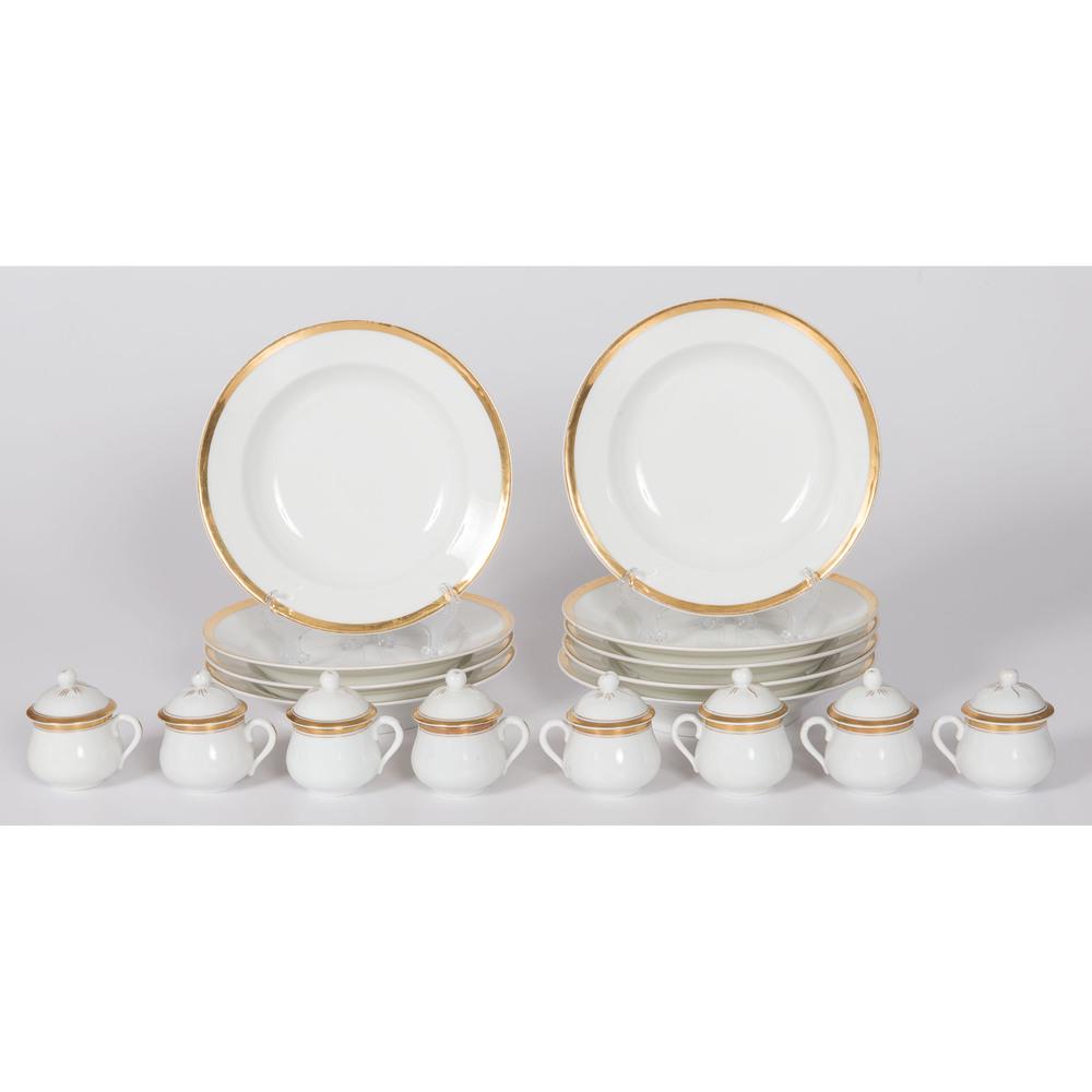 A Group of Old Paris Porcelain Dinner Soups and Pots de: A Group of Old Paris Porcelain Dinner Soups and Pots de Crème Circa 1840 includes nine soups in the Wedding Ring pattern and eight pots de crème. Diameter of soups 8 7/8 inches. Provenance: From th