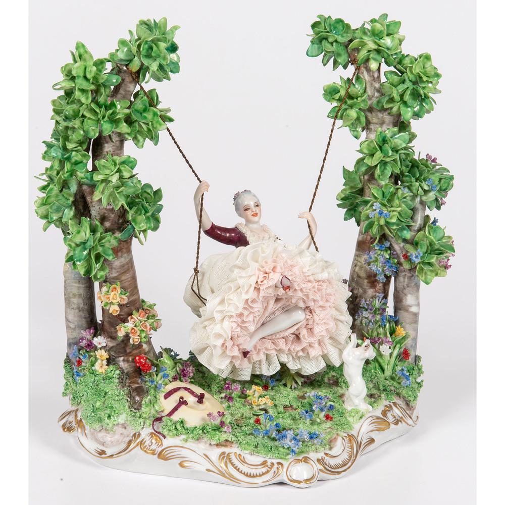 A Luigi Fabris Lace Porcelain Figural Group: Early 20th Century marked on underside. Height 11 x width 10 x depth 8 inches.