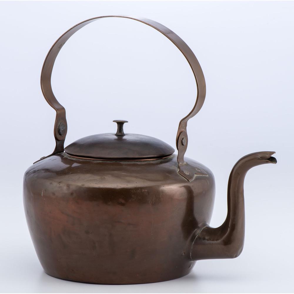 A Philadelphia Gooseneck Copper Tea Kettle: Circa 1850 dovetailed and signed on handle W. Heiss 213 North St. Phila. Height 10 1/4 inches (including handle). Provenance: Property from the Collection of Darryl Lippman