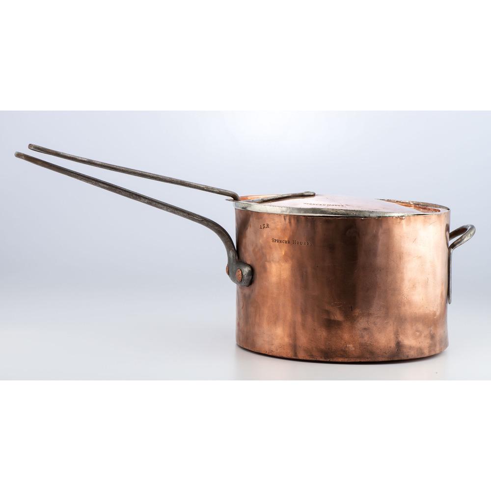 A New York Copper Stock Pot: 19th Century dovetailed and signed Bramhall Deane & Co. New York on pot and lid. also marked International and Spencer House. Height 11 x diameter 16 1/4 inches. Provenance: Property from the Collecti