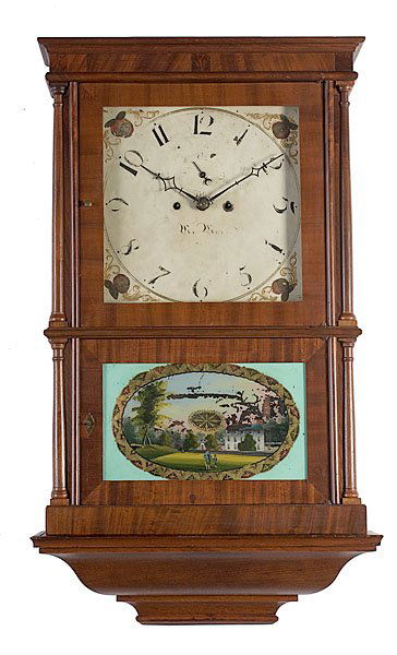 "Salem Bridge" American Shelf Clock,: "Salem Bridge" American Shelf Clock, ca 1830s. 8-day time and strike "Salem Bridge" type, with old, probably original glasses and painted dial. Case in mahogany solids and veneers; original eglomise t