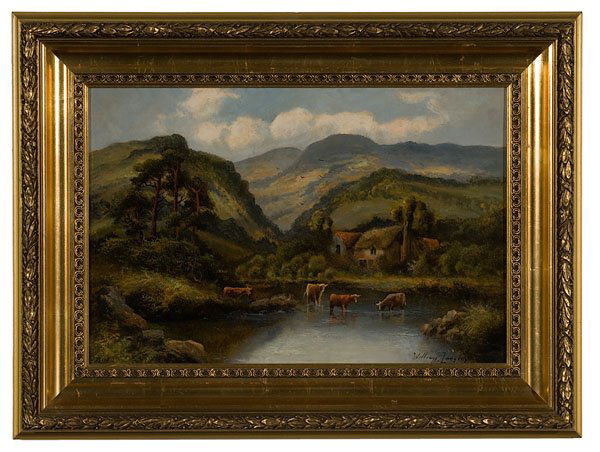 Highland Cattle by William Langley (British, 1852-: Highland Cattle by William Langley (British, 1852-1922), oil on canvas, signed in the lower right; 15.5" high x 23.5" wide (sight).