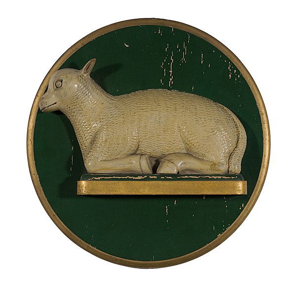 Odd Fellows Lodge, Lamb Plaque,: Odd Fellows Lodge, Lamb Plaque, from a ca 1858 Southbend, Indiana lodge. A ca 1870s-1880s, carved recumbent lamb emblem; having original painted surface; 16" diameter.