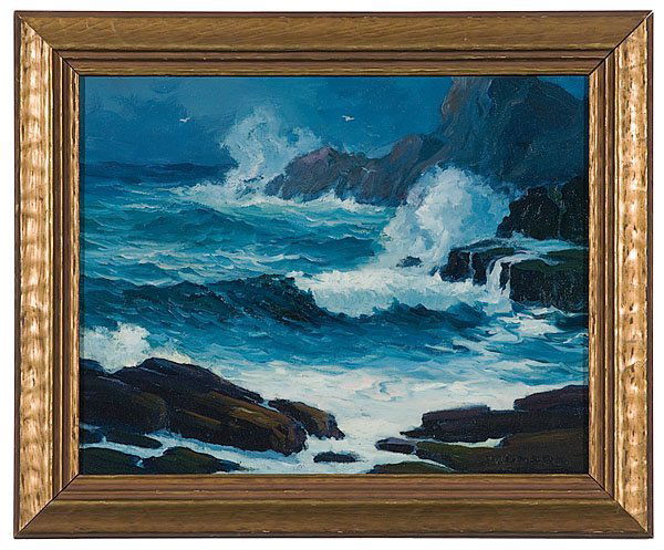 Leon Lundmark (Swedish/American, 1872-1942),: Leon Lundmark (Swedish/American, 1872-1942), Stormy Evening Seascape oil on canvas signed l.r. 16" x 20"