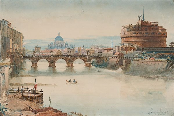 Martino del Don (Italian, 19th Century),: Martino del Don (Italian, 19th Century), View of San Angelo and St. Peters in Rome watercolor on paper signed and titled Roma, l.r. 13" x 19"