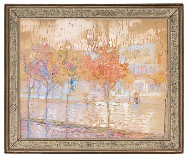 Edgar Hewitt Nye (American/ Washington DC, 1879-194: Edgar Hewitt Nye (American/ Washington DC, 1879-1943), Our Street gouache/watercolor on silk panel signed and dated E NYE 1920, l.r. title inscribed on panel verso 19.5" x 24.25" Born in Richmond, Vir