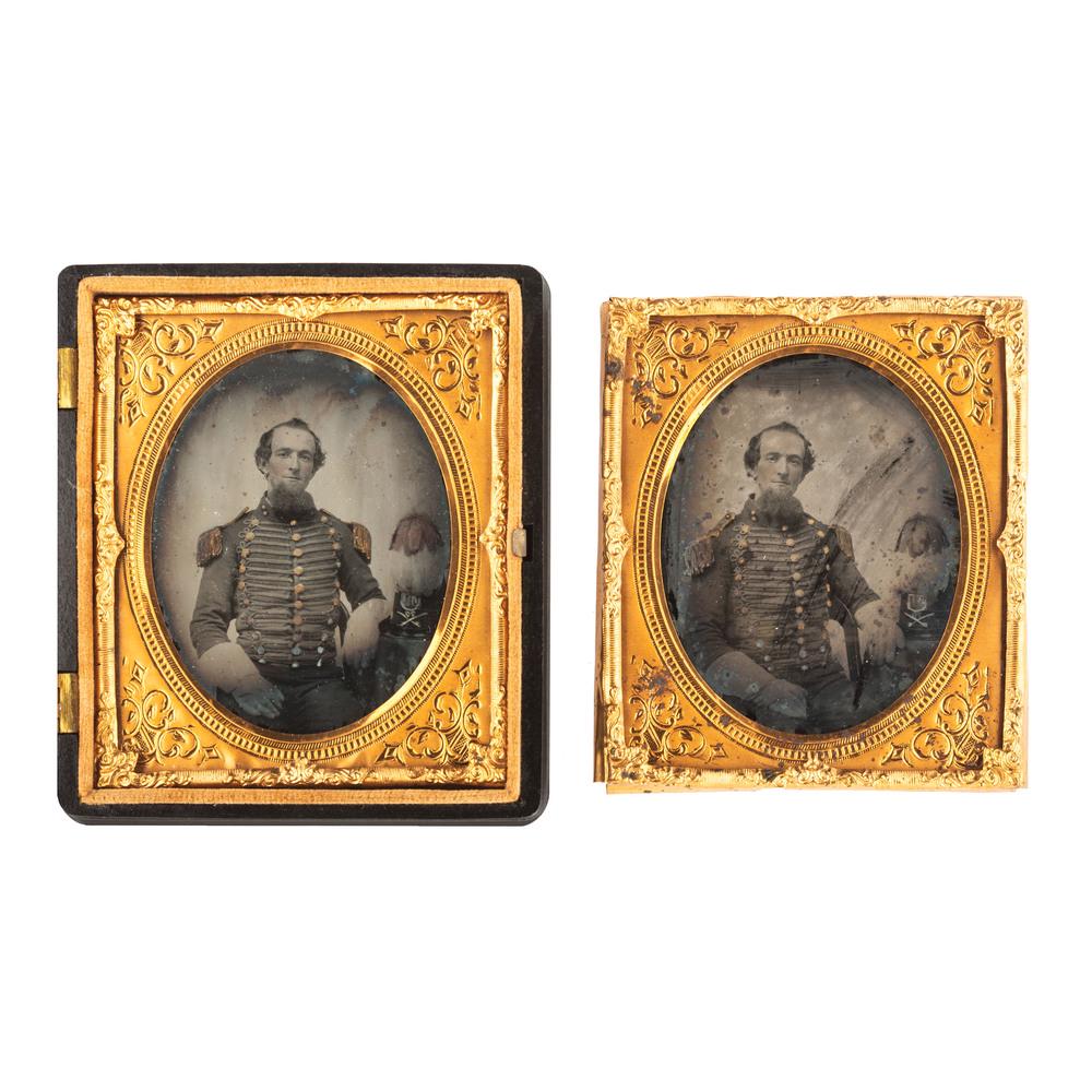 Pair of Identical Sixth Plate Ambrotype Portraits of a: Both portraits feature a seated militia cavalryman wearing a Hussar-style uniform, with his white plumed shako fitted with brass regimental and branch insignia visible on the table next to him. One