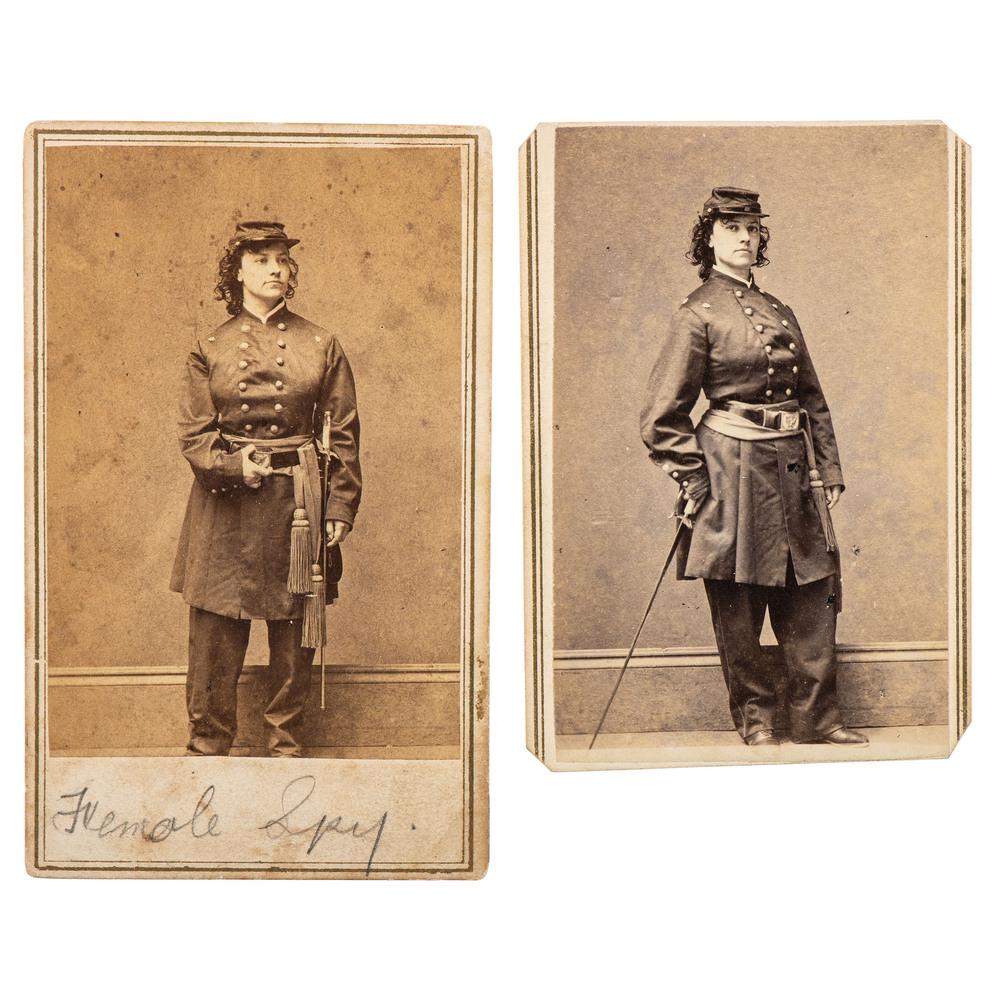 Miss Major Pauline Cushman, Union Spy and Scout, Two: Lot of 2 CDVs of Pauline Cushman in uniform, posed with her sword. E. & H.T. Anthony: New York, n.d., two cent revenue stamp on verso; and uncredited portrait from the same sitting. Cushman (1833-1