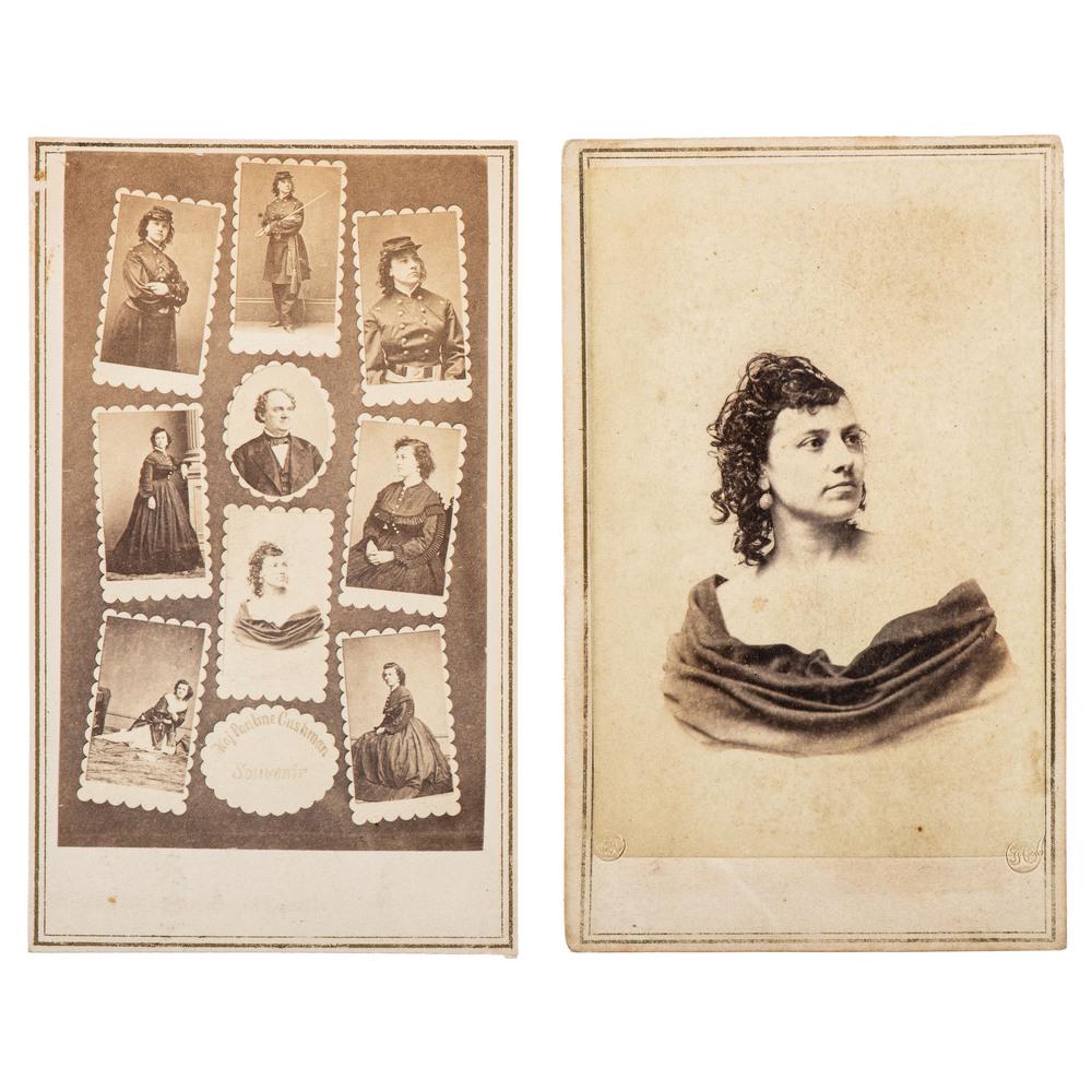 Miss Major Pauline Cushman, Union Spy and Scout, Two: Lot of 2 CDVs of Pauline Cushman in formal attire, including studio portrait, and composite image produced to promote her lecture tour. E. & H.T. Anthony: New York, n.d., ca 1866. Cushman (1833-189