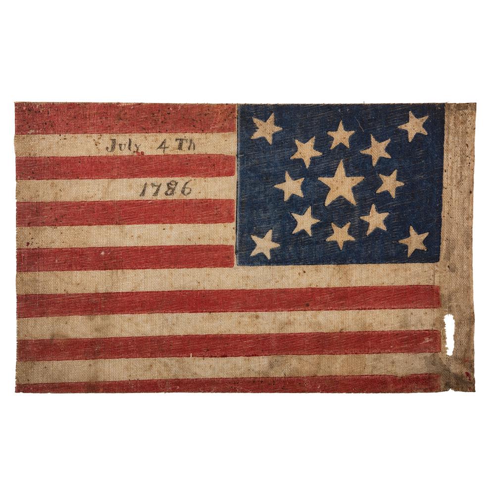 13-Star "July 4th, 1786" Flag: Printed flag on glazed cotton muslin, 5.5 x 8.5 in., wreath pattern with central star, flanked by star in each corner. Ink inscription: "July 4th, 1786." Ca 1876.The Civil War ended a decade earlier, 