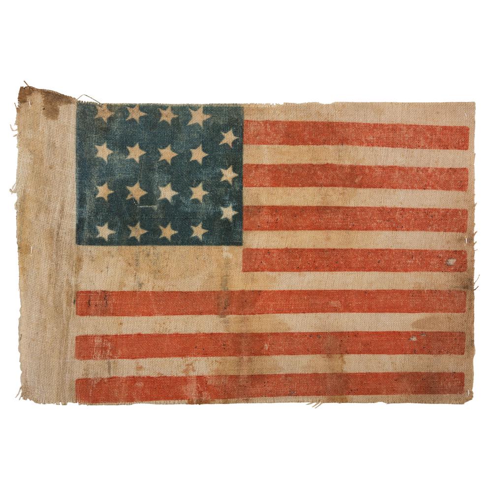 19-Star American Flag: Printed flag on cotton, 4 x 6.25 in., with 19 stars arranged in 4/4/4/4/3 vertical rows. Location of canton misprinted on stripes. Ca 1818-1819. On December 11, 1816, President James Madison signed an