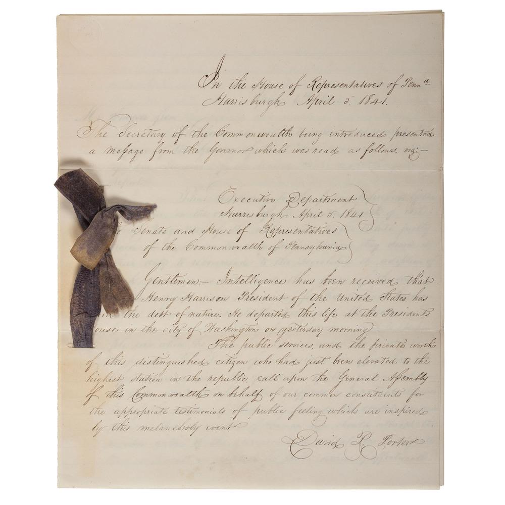 William Henry Harrison, Manuscript Extracts from the: Memorial, 5pp, 8 x 10 in., Harrisburg, PA. April 5-6, 1841. Senate and House of Representatives. Signed once by Governor David R. Porter and twice by Alex[ander] Ramsey, Clerk of the PA House of Repre