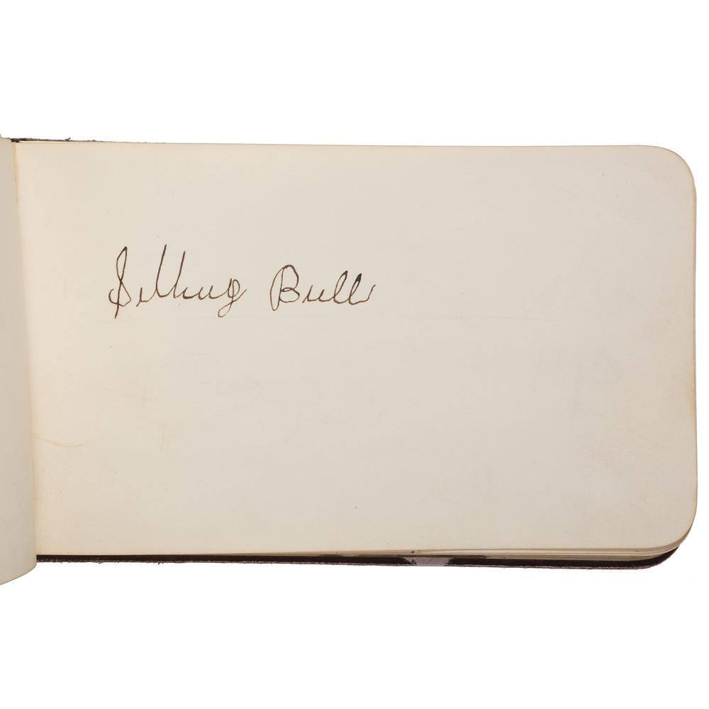 Autograph Album Containing Signatures of Sitting Bull,: Autograph album, 7 x 4.25 in. Purple sheep gilt, edges gilt. Containing an original Sitting Bull signature, along with James McLaughlin, William T. Selwyn, and other important people living in and nea