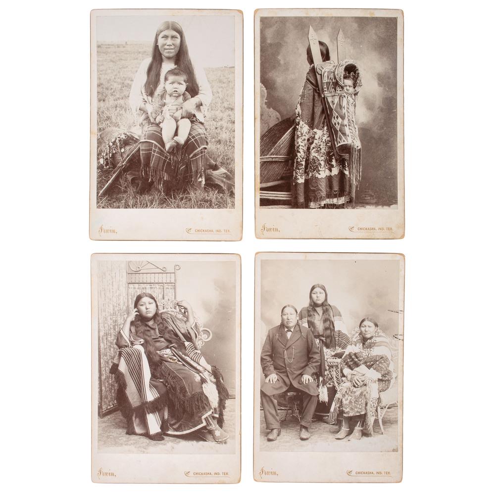 Cabinet Cards by Irwin, Including Examples Featuring: Lot of 4 cabinet cards by William E. Irwin: Chickasha, Indian Territory, n.d., ca 1890, all with his imprint to recto, comprising: Cabinet card studio portrait of Daisy Waterman. Pencil inscription t
