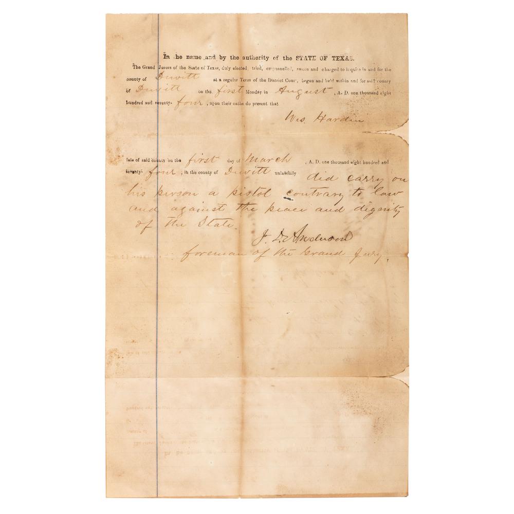 Texas Legal Document Accusing John Wesley Hardin of: Partly printed legal document charging that John Wesley Hardin "did carry on his person a pistol contrary to law and against the peace and dignity of the state." His offense was on March 1, 1874, with